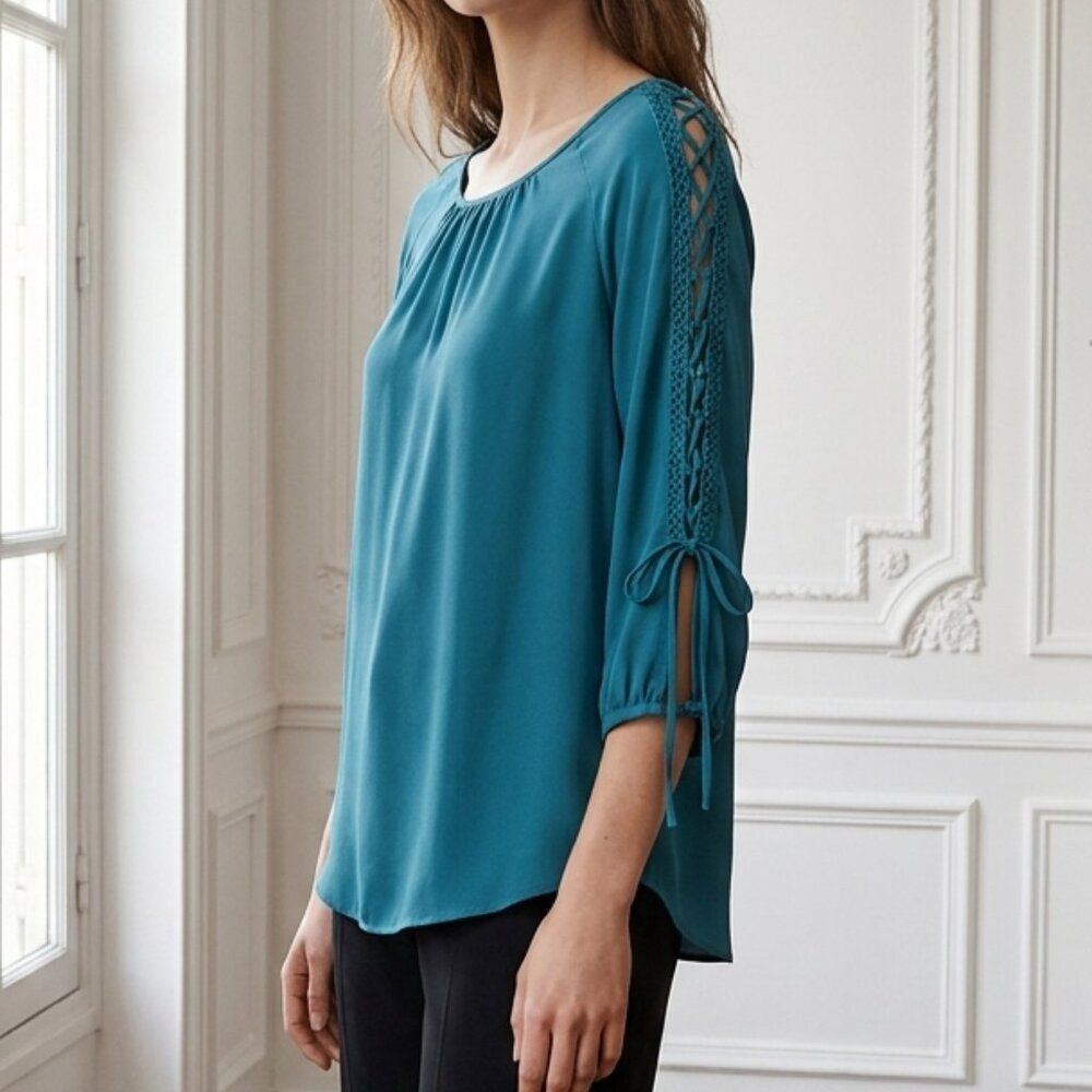 Zac & Rachel Teal Split Sleeve Bow Top - Size PS